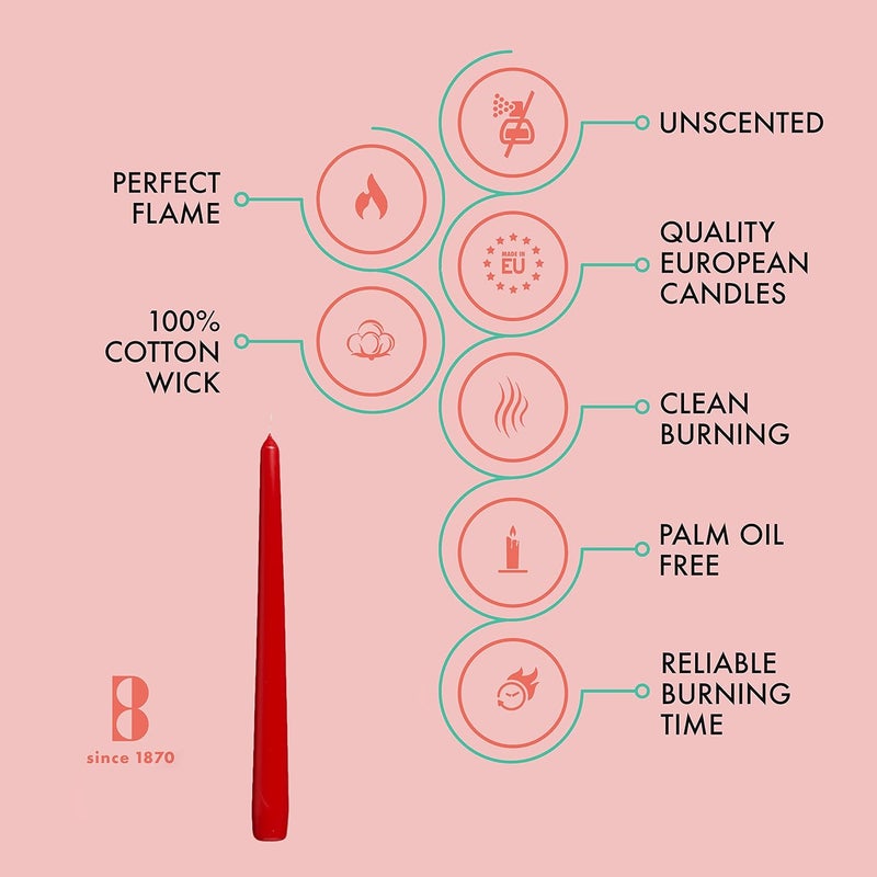 BOLSIUS Red Taper Candles - 4 Pack Unscented 10 Inch Dinner Candle Set - 8 Hours Burn Time - Premium European Quality - Smokeless and Dripless Household, Wedding, Party, and Home Decor Candlesticks - Image 3